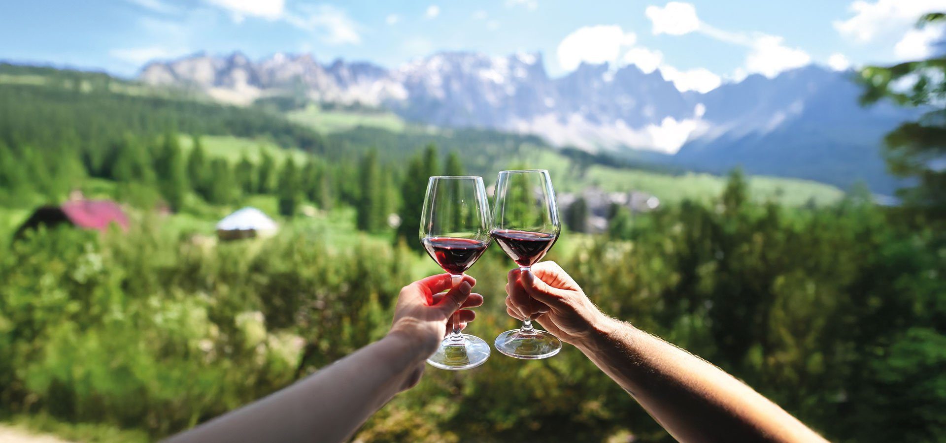 brindisi con due calici di vino rosso con sfondo Dolomiti