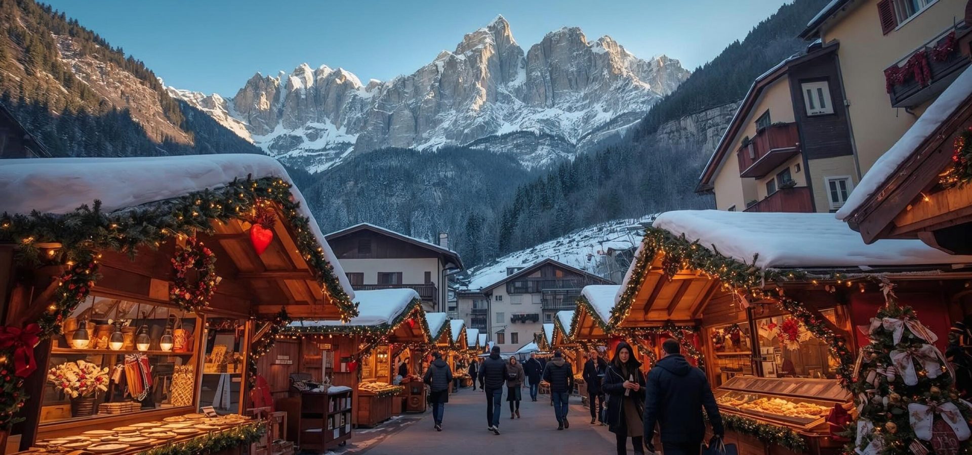 mercatini di Natale con sfondo Dolomiti